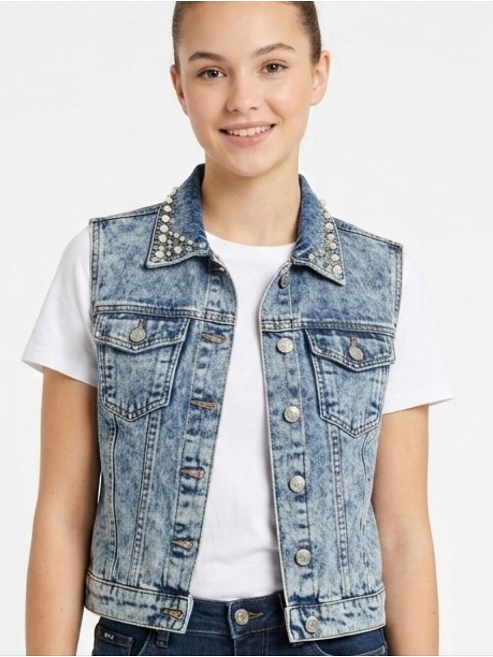 Wax Jeans Acid Wash Faux Pearl Beaded Denim Vest Cottagecore Western Edgy Glam S